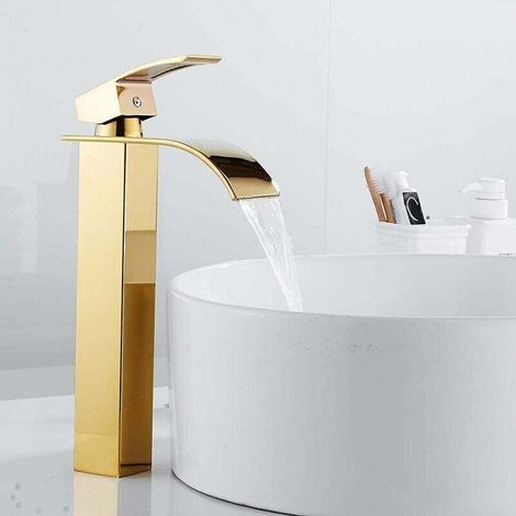 Waschtischarmatur Mit Wasserfallauslauf, Flachauslauf, Warm-/kaltwasseranschluss, Modernes Chromdesign (oberteil: Gold), 750 G