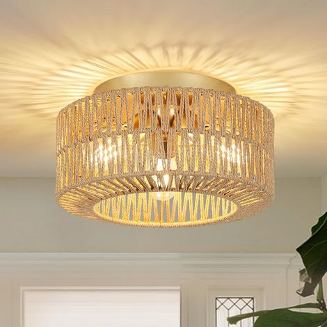 Deckenleuchte Aus Rattan Mit 3 Leuchten, Schirm Aus Gewebtem Bambus, Goldfarbener Metallsockel, Für Wohnzimmer, Schlafzimmer, Küche