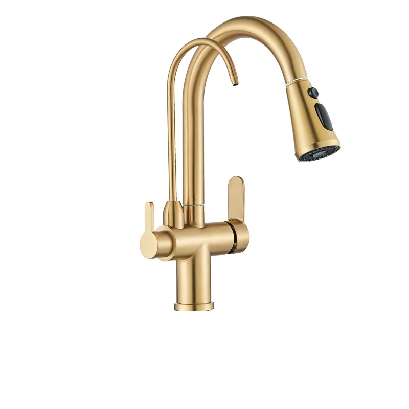 Küchenarmatur, Doppelgriff, Aufsatzmontage, Gebürstetes Gold
