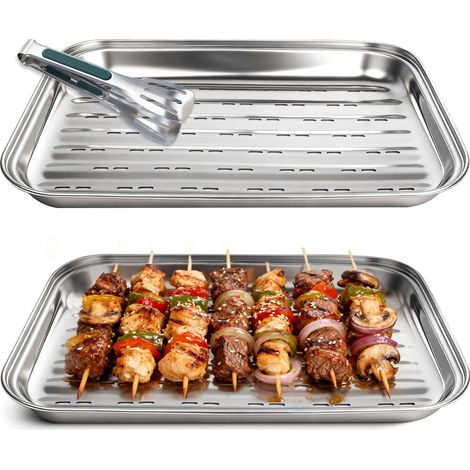 Grillplatten, Edelstahl, 34,5 X 24,5 X 2,7 Cm, Mit Lochmuster, Grillzange, Für Gemüse, Fleisch Und Fisch