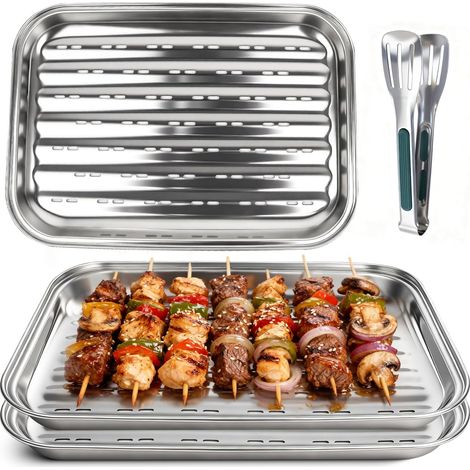3-teiliges Grillplatten-set Aus Edelstahl Mit Abflusslöchern Und Grillzange Für Fleisch, Gemüse Und Fisch
