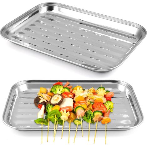 2-teilige Grillplatten, Edelstahl, 34,9 X 24,5 X 2,7 Cm, Perforierter Grillrost, Abgerundeter Rand, Für Gas-, Elektro- Und Holzkohlegrills