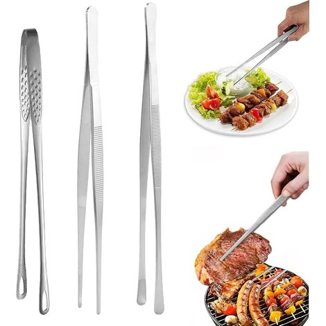 Set Aus 3 Professionellen Küchenzangen Aus Edelstahl, Grillzangen, Kochzangen, Küchenzangen Aus Edelstahl, 30 Cm Und 28 Cm, Zum Kochen, Grillen Und Backen.