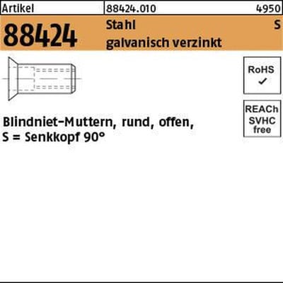 Reyher - Blindnietmuttern Stahl gal Zn Senkkopf m 10 / 4,0 - 6,5 s 100 Stk
