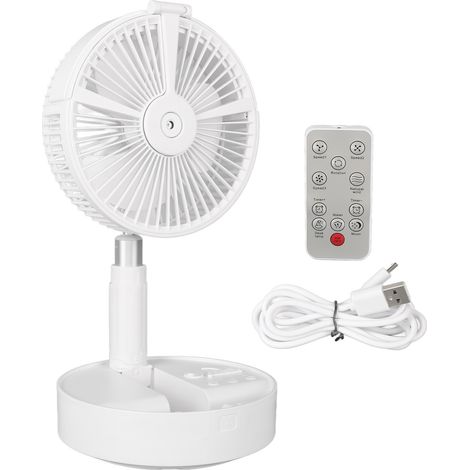 Weißer, Klappbarer Tischventilator Mit Fernbedienung Und Led-licht, Wiederaufladbar Über Usb.