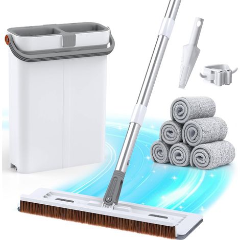 Mopp- Und Bürstenset, 40 Cm Wischkopf, Doppelauswringeimer, 6 Mikrofaserpads, Für Fußböden Im Wohnbereich
