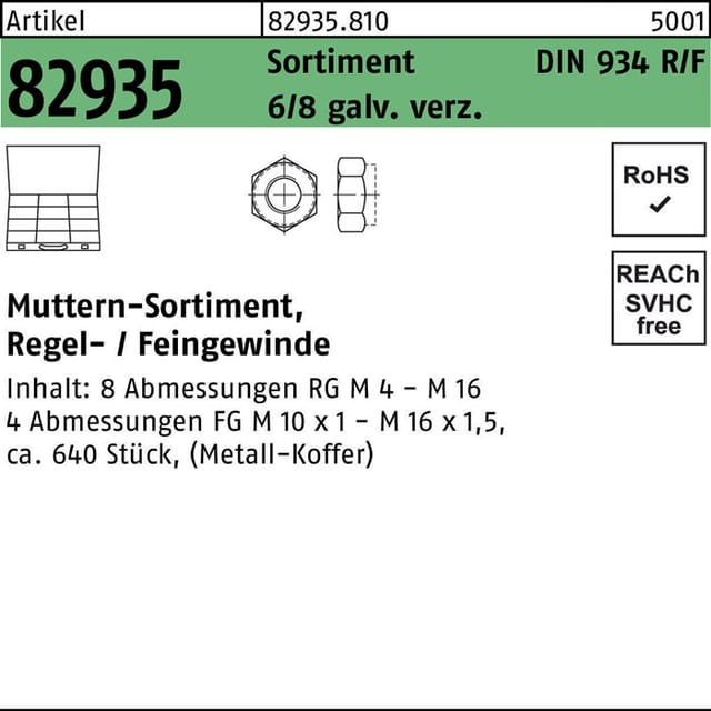 DIN 934 8 Sortiment Mu. gal Zn RG M4 - M16 FG M10x1 - M16x1,5 S
