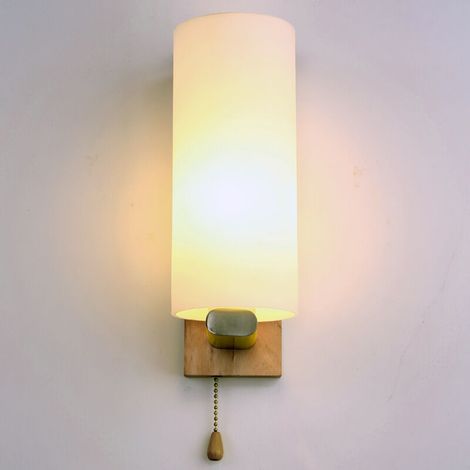 Wandleuchte Aus Holz Mit Zugschalter, Schlichter Japanischer Lampenschirm Aus Milchig-weißem Glas, Moderne Skandinavische Laterne, Nachttischlampe