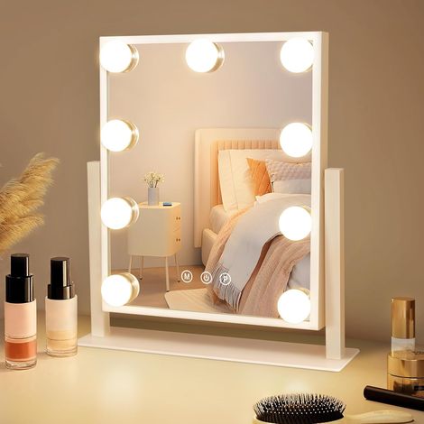 Hollywood-schminkspiegel, 9 Leds, 360°-drehung, 3 Modi, Touch-steuerung, Tisch- Oder Wandmontage