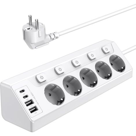 Abgewinkelte Steckdosenleiste, 5 Steckdosen, 4 Usb-anschlüsse, Einzelschalter, 2 M Kabel, Küche/büro