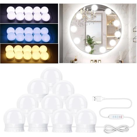 10 Led-lampen, Hollywood-stil, 3 Farben, 9 Helligkeitsstufen, Kosmetikspiegel, Badezimmer