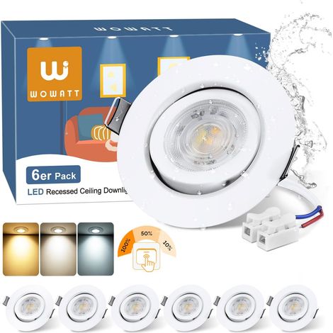 Set Mit 6 Led-einbaustrahlern, 3-stufig Dimmbar, Einstellbare Farbtemperatur, 30° Verstellbarer Abstrahlwinkel, Schutzart Ip44 Für Badezimmer