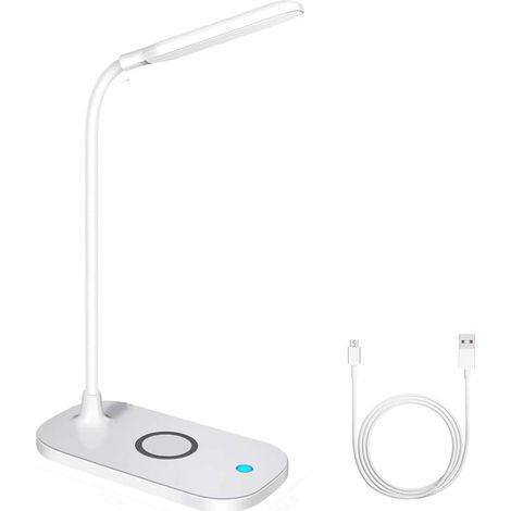 Schreibtischlampe, 10 W, 3 Leuchtmodi, Qi-kompatibel, Kabelloses Ladegerät, Touch-bedienung, Verstellbarer Arm, Usb-anschluss, Weiß