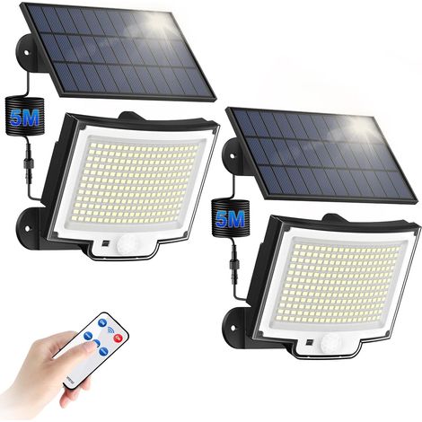 Set Mit 2 Solar-außenstrahlern Mit 328 Leds, Fernbedienung, 3 Modi, Bewegungsmelder, 5 M Kabel, Für Terrasse Oder Garten
