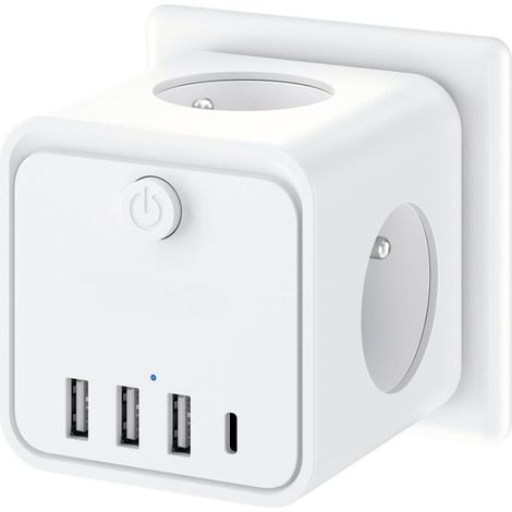7-in-1-wandsteckdosenleiste, Steckdosenleiste Mit 3 Französischen Steckdosen, Mehrfachsteckdose Mit 1 Typ-c- Und 3 Usb-anschlüssen, Würfel-steckdosenleiste