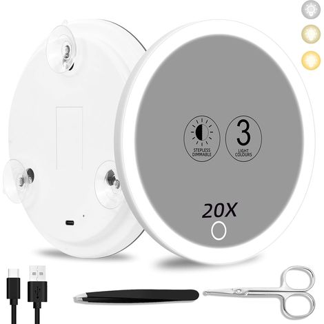 1 Vergrößerungsspiegel, 20-fache Vergrößerung, 15 Cm Durchmesser, 3-farbiges Led-licht, Usb-aufladbar, Mit 3 Saugnäpfen, Für Make-up Und Reisen