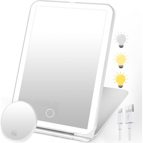 Kosmetikspiegel, 3-farbige Beleuchtung, 10-fache Vergrößerung, Touchscreen, Usb-aufladbar, Für Reisen/zuhause