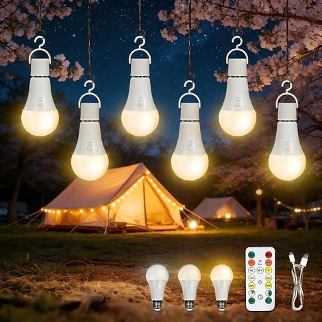 6 E27-led-lampen, Wiederaufladbarer 2600-mah-akku, Dimmbar (7 W), Fernbedienung, 3 Farbtemperaturen, Campingdekoration