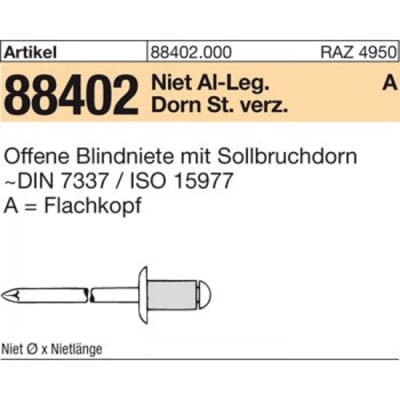 Reyher - Blindniete r 88402 Flachkopf 3 x 8 Niet Aluminium/Dorn Stahl verzinkt
