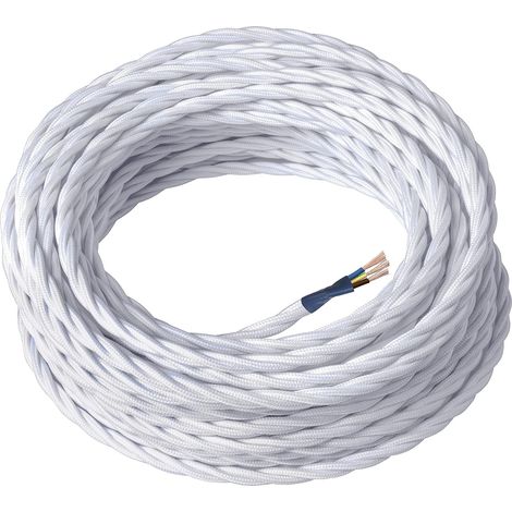 10 Meter Langes, Weißes, Gedrehtes Seidentextil-elektrokabel 3x0,75 Mit Erdung Für Lampen, Kronleuchter Und Wandleuchten