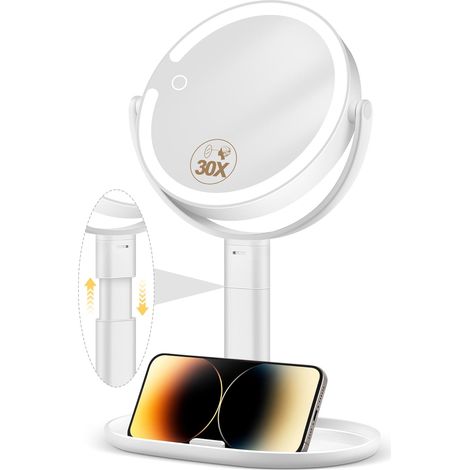 Doppelseitiger Kosmetikspiegel, 30-fache Vergrößerung, 64 Leds, 3 Farben, 360°-drehung, 3000-mah-akku, Weiß