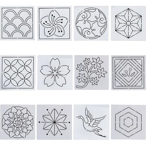 Set Mit 12 Schablonen, Blumenmuster, Acryl, 14 X 14 Cm, Sashiko, Stickerei