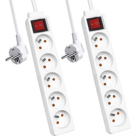 2er-pack 5-fach-steckdosenleisten Mit Schalter, 1,5 M Kabel (h05vv-f), Kindersicherung, Weiß