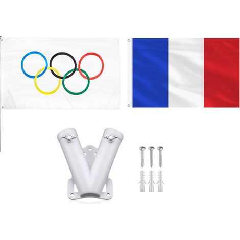 Olympische Flagge + Französische Flagge + Blaue Fahnenmasthalterung, Robuste V-förmige Wandhalterung Aus Aluminiumlegierung, Windfester Fahnenhalter