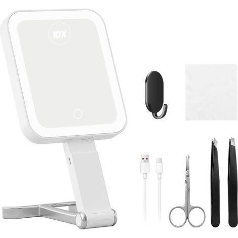 Doppelseitiger Spiegel, Wiederaufladbar Per Usb-c, 10-fache Vergrößerung, 3-farbige Led-beleuchtung, Touch-bedienung, Ideal Für Reisen Und Schlafzimmer