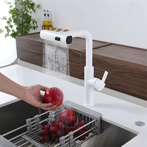 Multifunktionale Küchenarmatur Mit Ausziehbarer Brause, Edelstahl, Wasserfall-effekt Und Ausziehauslauf, Weiß