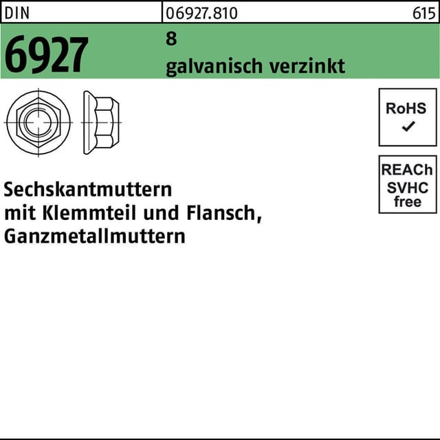 Sechskantmutter DIN 6927 m.Klemmteil/Flansch M 8 8 galvanisch verzinkt