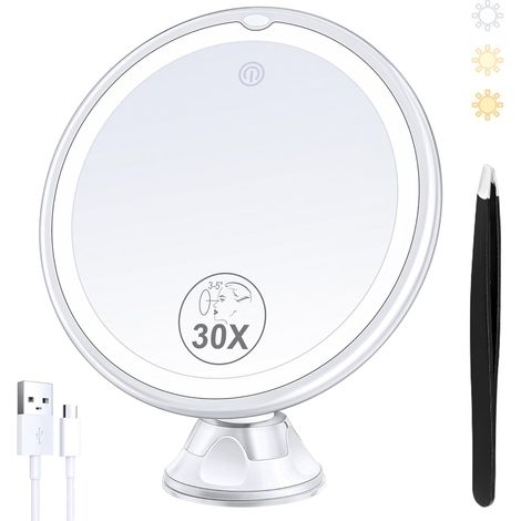 Vergrößerungsspiegel (30x), Verstellbares Licht, 360°-drehung, Saugnapf, 1500-mah-akku, Make-up
