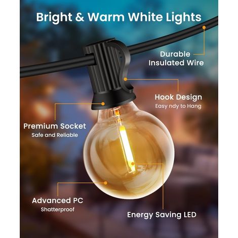 Lichterkette Für Den Außenbereich, 10 M/20 M/30 M, 20+2 G40-glühbirnen, Bruchsicher, Wasserdicht, Verbindbar, Warmweiß, Plug & Play, Für Drinnen, Garten, Balkon, Zuhause, Hochzeit, Party [klasse E]