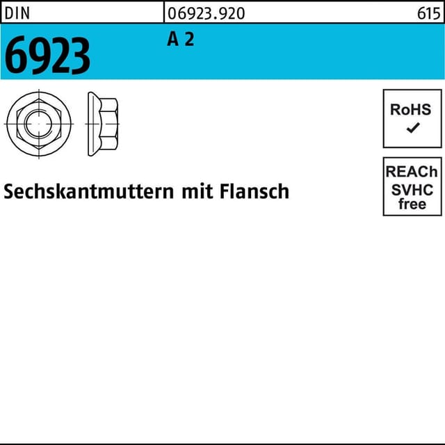 Sechskantmutter mit Flansch DIN 6923 M 5 x 0,8 Edelstahl A2 blank 1000 Stk