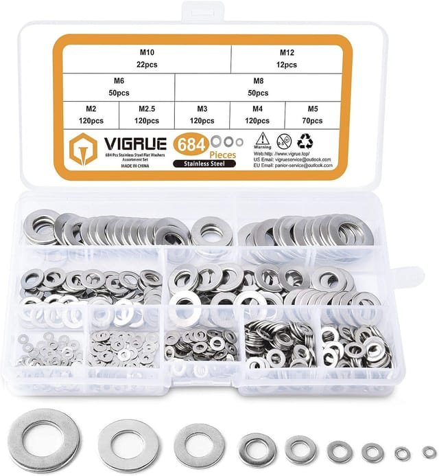 Guazhunifr - 684-teiliges Sortiment An Unterlegscheiben Aus Edelstahl 304, M2, M2,5, M3, M4, M5, M6, M8, M10, M12, Unterlegscheiben Für Dichtungsschrauben, Dichtungsringe, Inklusive Box (grau)