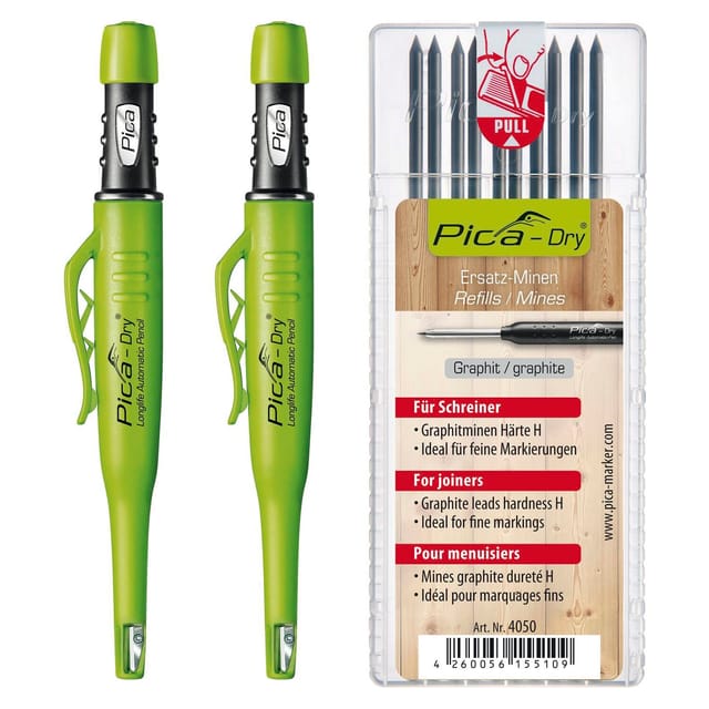 Pica Dry Set - 2x Pica Stift automatisch mit 10x Pica Dry Minen h Graphit, unerlässlich für Hand- und Heimwerker, 3-teilig