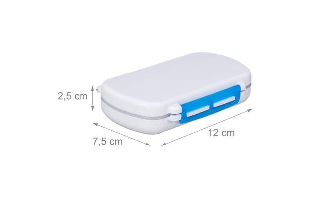 Relaxdays Tablettendose 3er Set, 6 Fächer mit extra Deckel, wasserdicht, Kunststoff BPA-frei, Reise Pillenbox, weiß/blau