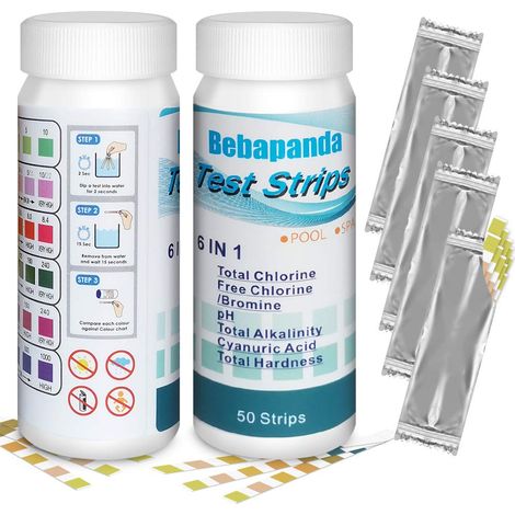 6-in-1-poolteststreifen Zur Bestimmung Der Thermalwasserqualität, Des Gesamtchlorgehalts, Des Restchlor-/restbromgehalts, Des Ph-werts, Der Gesamtalkalität, Der Härte, Der Cyanursäure, 50