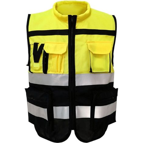 Reflektierende Sicherheitsweste, Gut Sichtbarer Reißverschluss, Weicher Kragen, Sicherheitstaschen Für Die Arbeit, Gelb/schwarz, Xl 175