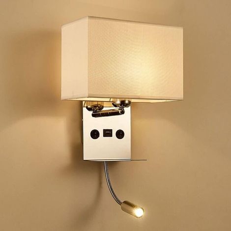 Nachttisch-wandleuchte Mit Usb-anschluss, Verstellbarem, Flexiblem Schwanenhals, Moderner Leselampe Mit E27-fassung, 2 Schaltern Und Stoffschirm, Wandleuchte Fürs Schlafzimmer, Weiß