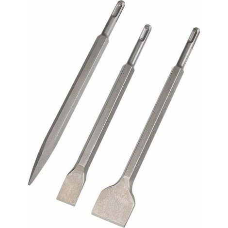 Set Mit 3 Sds-plus-meißeln (breit, Flach, Spitz) Für Leichte Bohrmaschinen Und Schlagbohrmaschinen. Standardmäßig Für Beton-, Fliesen- Und Mauerwerksarbeiten.