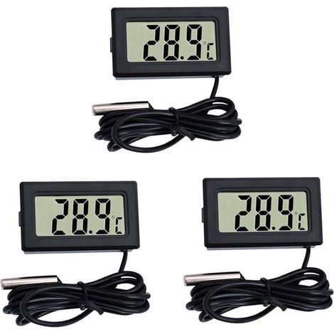 Schwarzes Mini-thermometer Mit Digitaler Lcd-anzeige Und Externer Sonde Für Auto/kühlschrank/aquarium/fischbecken/schlafzimmer (3 Stück, Schwarz)