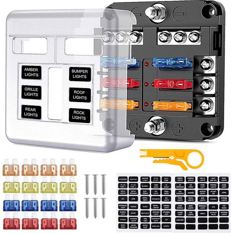 6-fach Sicherungskasten, Flachsicherungsblock Mit Minuspol, 16 Sicherungen Und 6 Leds, Schutzabdeckung Für 12v/24v Auto/boot