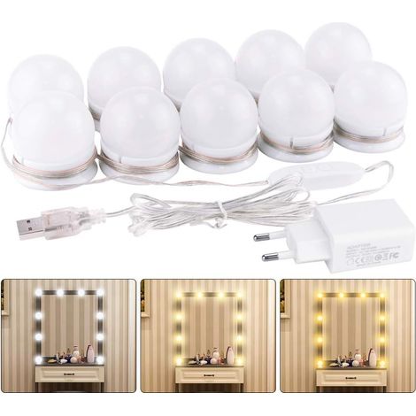 10 Led-spiegellampen, 3 Dimmbare Farben, Usb-lichterkette, Für Schminktisch Und Badezimmer