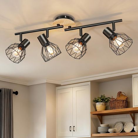 Deckenleuchte Mit 4 Spots, Holzsockel, Metallgitter, Verstellbar, Für Den Innenbereich