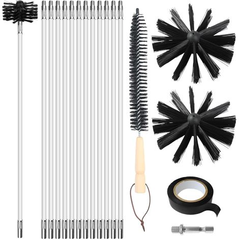 16-teiliges Schornsteinfeger-set, 12 X 41 Cm Lange Stäbe, 2 X 15 Cm Lange Bürstenköpfe, Sechskantstab, Holzbürste, Schornsteinzug