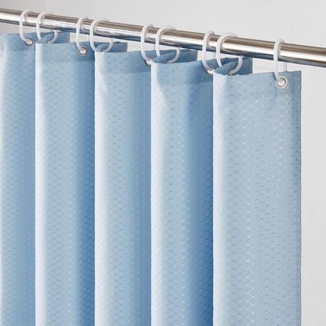 Großer Duschvorhang, Schimmelresistent, Polyestergewebe, Wasserdicht, Dick, Waschbar, 12 Haken, Beschwert, Lang, Nebelblau, Waffelmuster, 180 X 200 Cm
