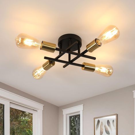 Deckenleuchter, 4 E27-fassungen, Retro-industriedesign, Schwarz-goldenes Metallgestell, Für Wohnzimmer, Küche, Schlafzimmer