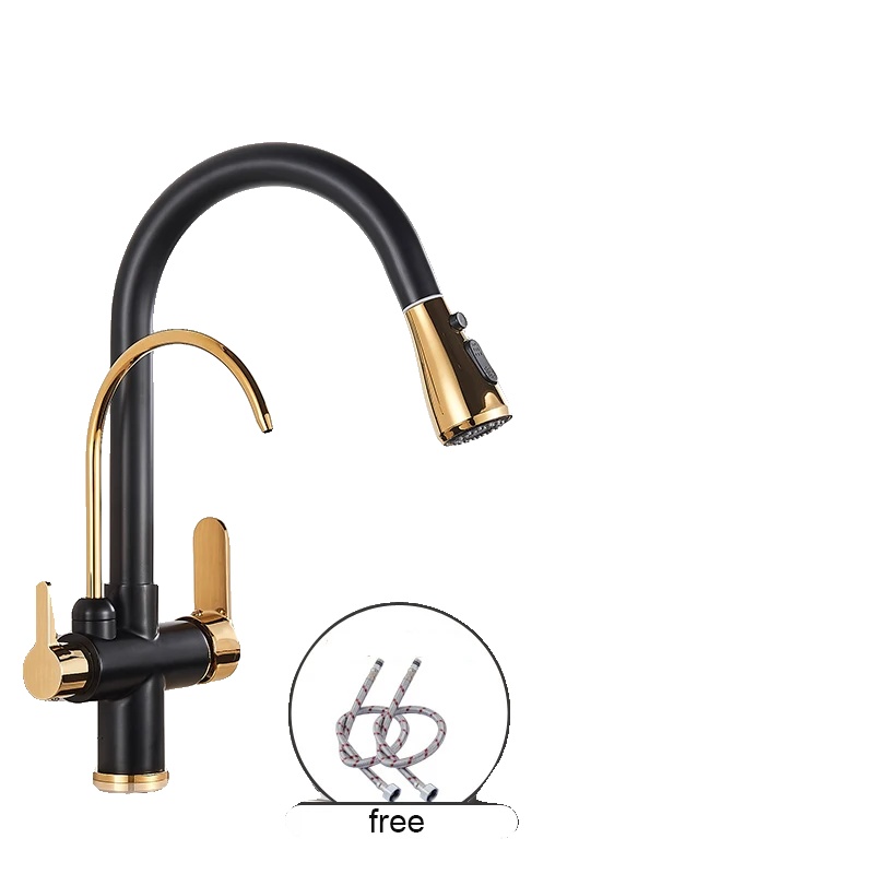 Küchenarmatur, Zweigriffarmatur, Ausziehbare Brausefunktion, Schwarz Und Gold