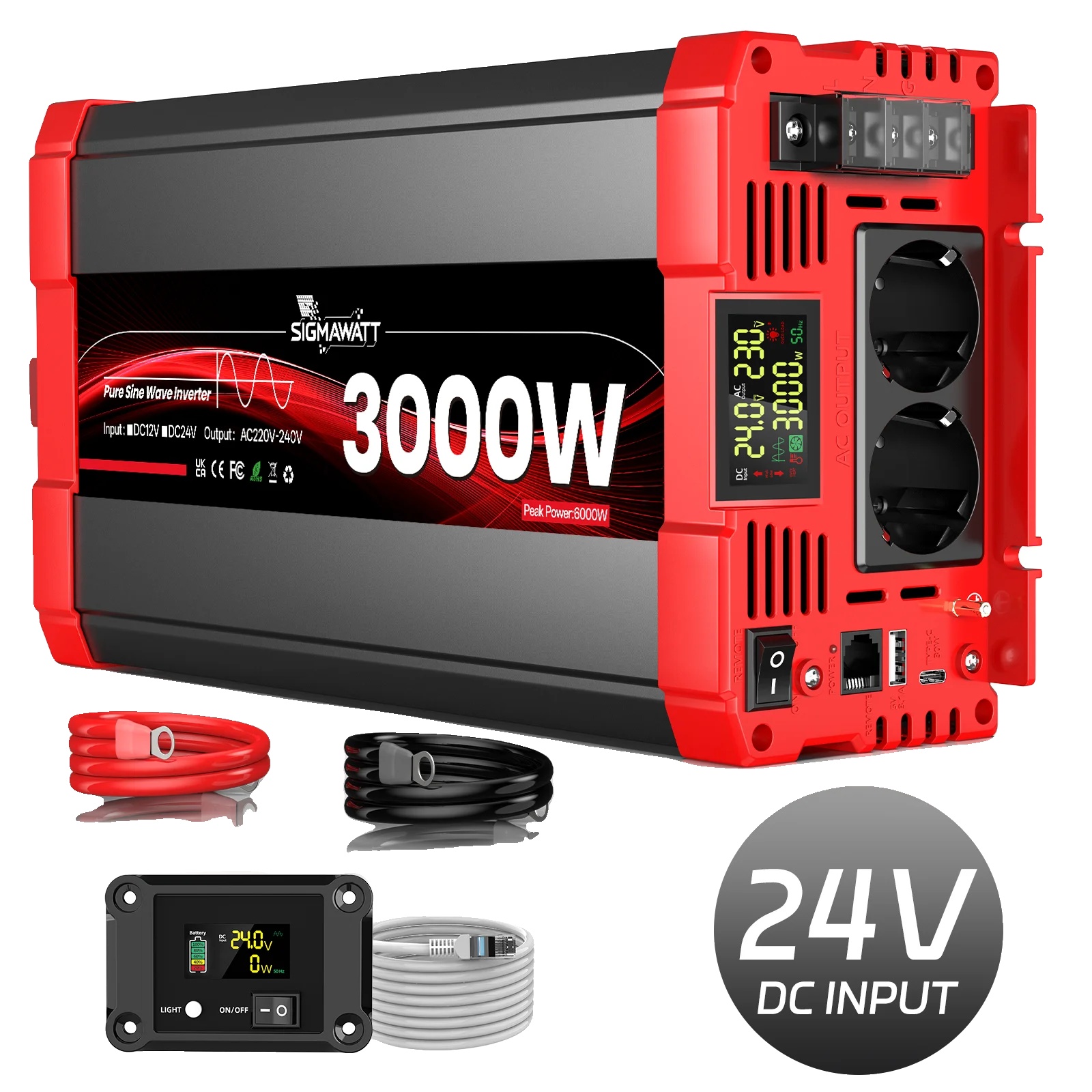 Wechselrichter, 3000 W Nennausgangsleistung, Lcd-bildschirm, 24 V 3000 W (6000 W Spitzenleistung)